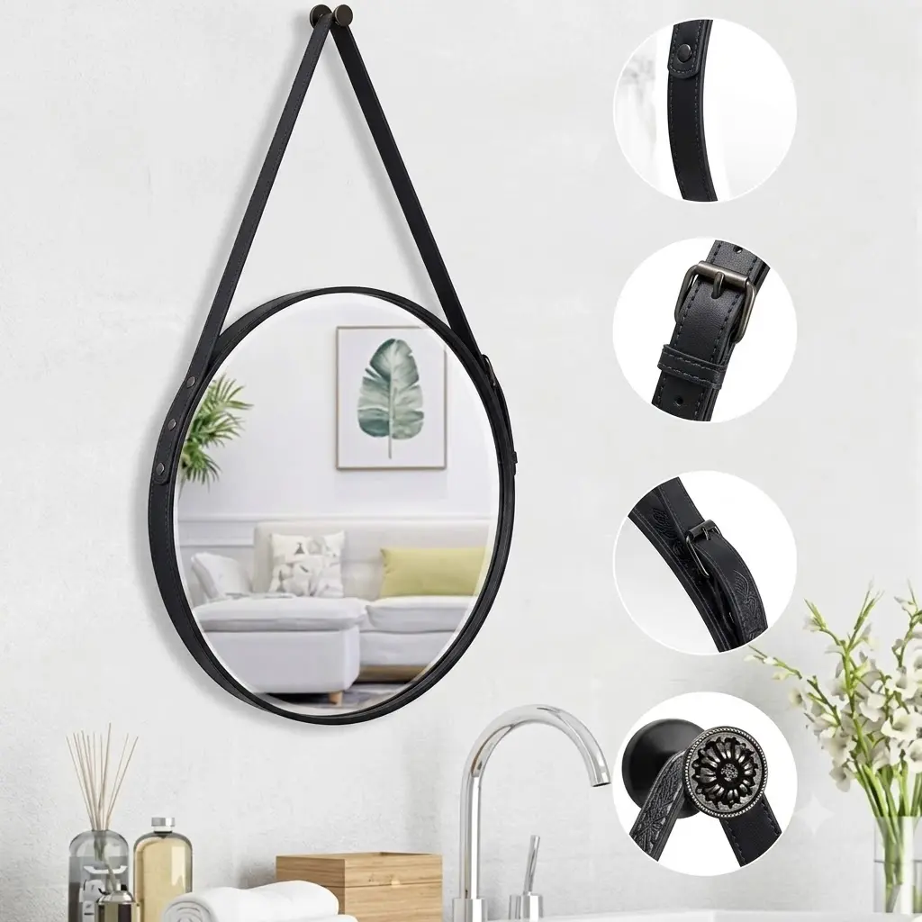 miroir rond décoratif mural avec une sangle en simili cuir noir (moyenne) miroir rond décoratif mural avec une sangle en simili cuir noir (moyenne)