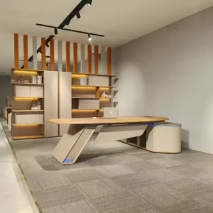 bureau présidentiel moderne avec caisson intégré et bibliothéque