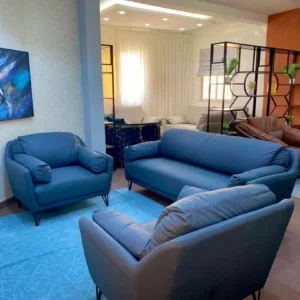 salon simili cuir, bleu 5 places