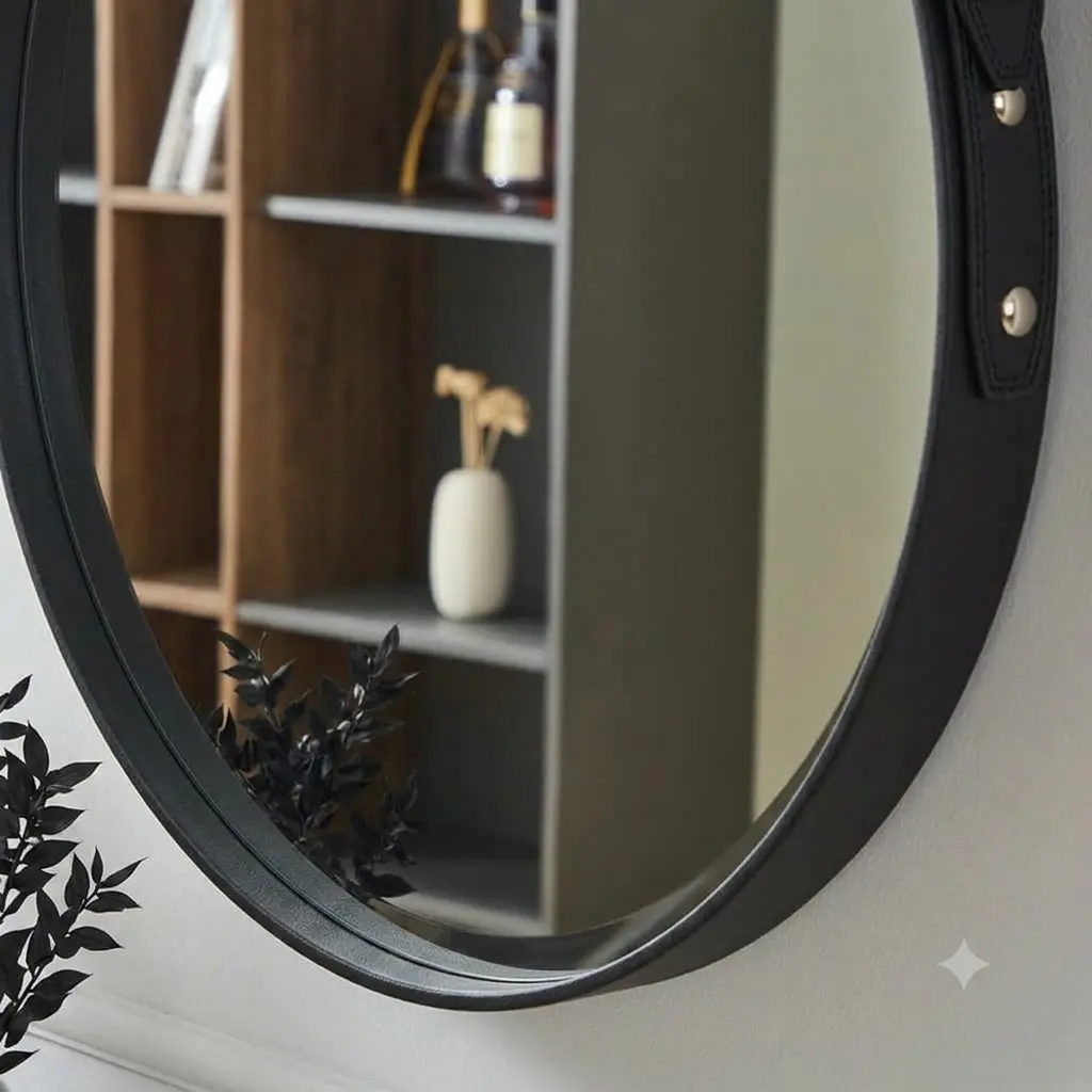 miroir rond décoratif mural avec une sangle en simili cuir noir (moyenne) miroir rond décoratif mural avec une sangle en simili cuir noir (moyenne)