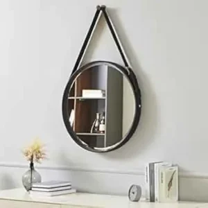 miroir rond décoratif mural avec une sangle en simili cuir noir (moyenne)