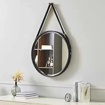miroir rond décoratif mural avec une sangle en simili cuir noir (moyenne) miroir rond décoratif mural avec une sangle en simili cuir noir (moyenne)