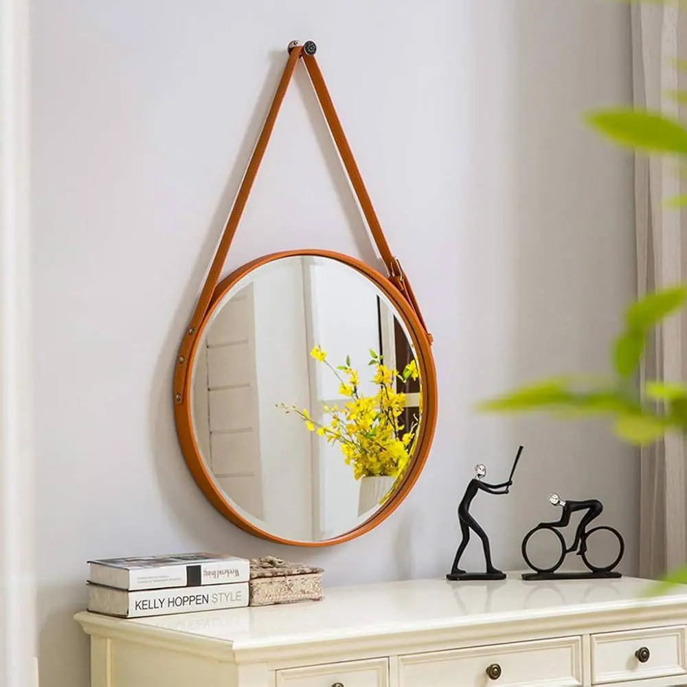 miroir rond décoratif mural avec une sangle en simili cuir marron (petite taille) miroir rond décoratif mural avec une sangle en simili cuir marron (petite taille)