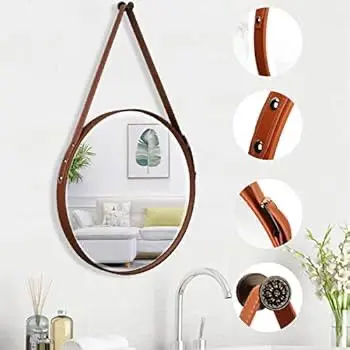 miroir rond décoratif mural avec une sangle en simili cuir marron (petite taille) miroir rond décoratif mural avec une sangle en simili cuir marron (petite taille)