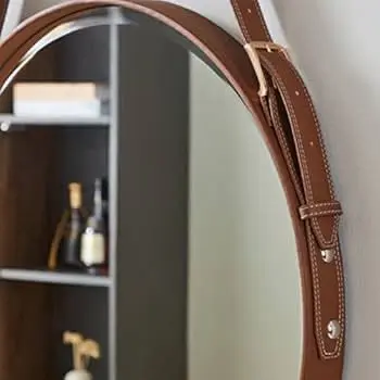 miroir rond décoratif mural avec une sangle en simili cuir marron (petite taille) miroir rond décoratif mural avec une sangle en simili cuir marron (petite taille)